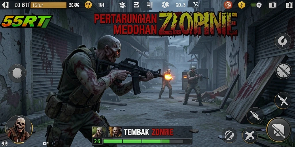 Tampilan antarmuka permainan 55RT saat melawan zombie.