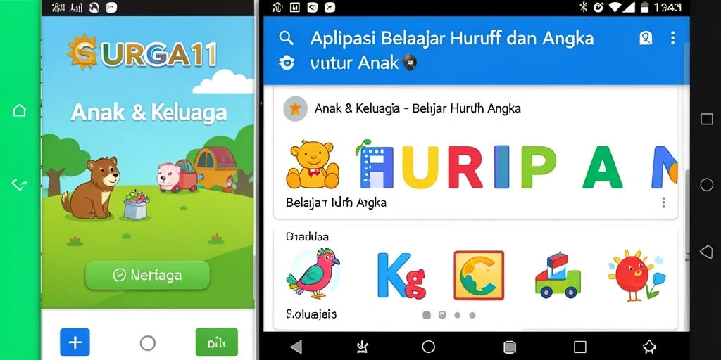 Antarmuka aplikasi SURGA11 yang interaktif untuk belajar huruf dan angka.